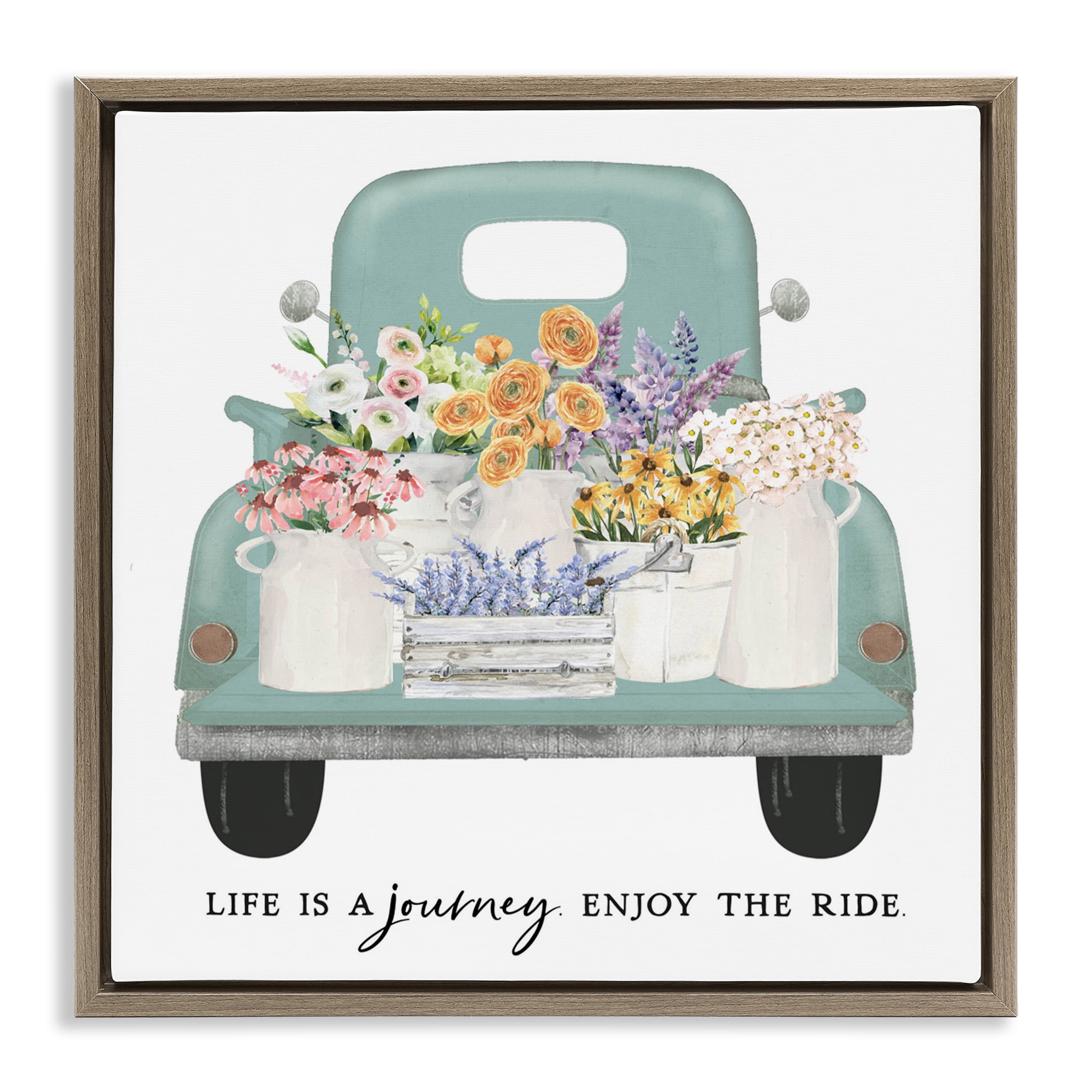 Enjoy Ride Floral Truck Brown Framed Floater Canvas Wall Art, design by Lettered and Lined