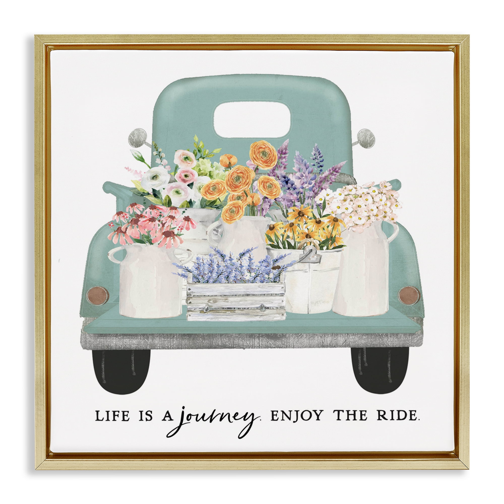 Enjoy Ride Floral Truck Gold Framed Floater Canvas Wall Art, design by Lettered and Lined