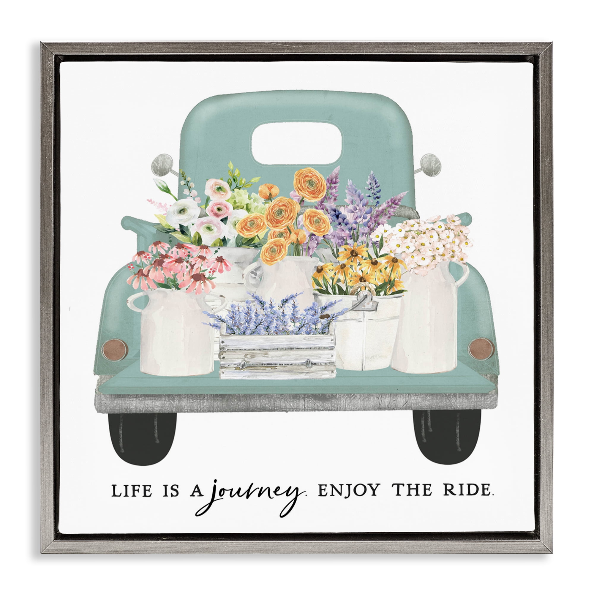 Enjoy Ride Floral Truck Gray Framed Floater Canvas Wall Art, design by Lettered and Lined