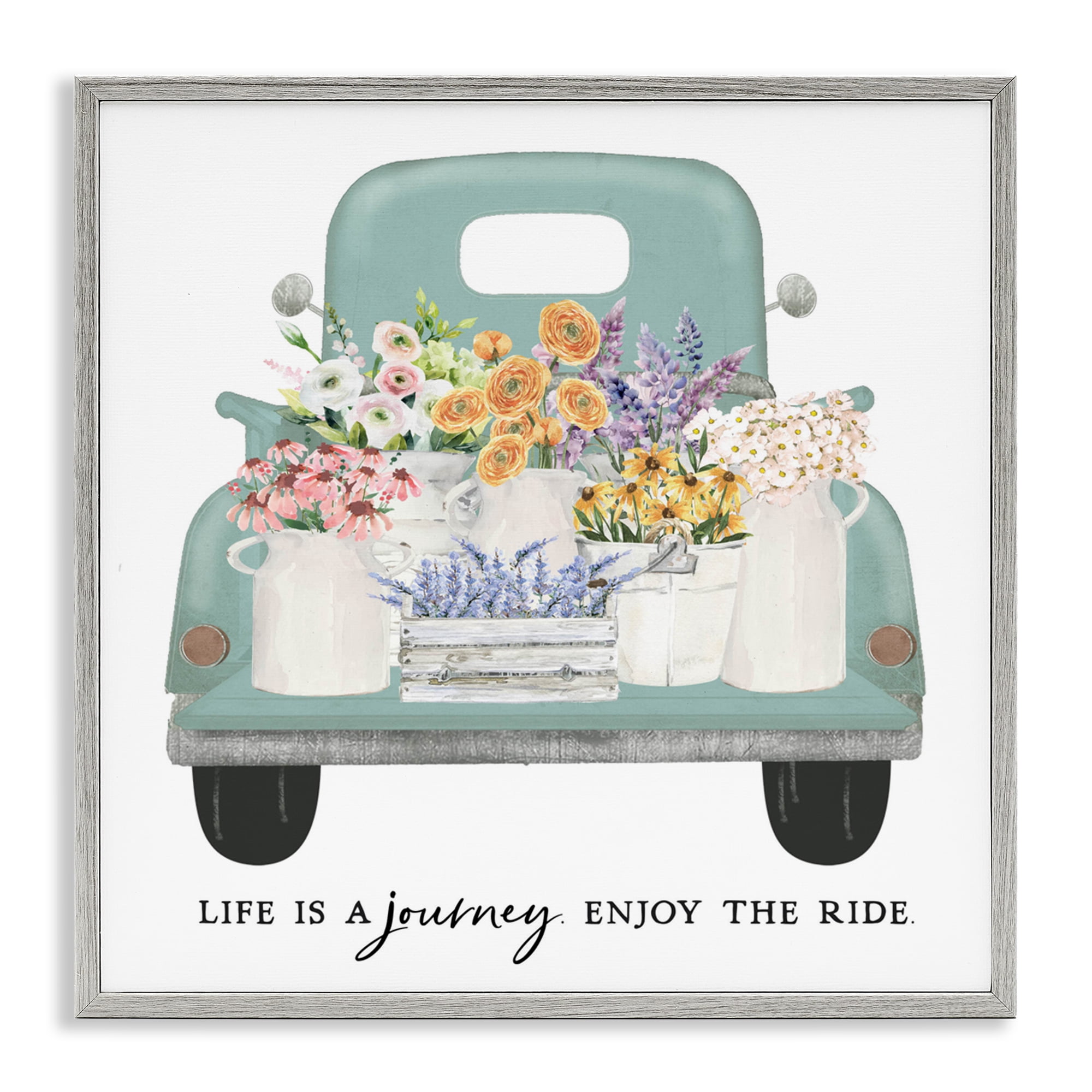 Enjoy Ride Floral Truck Gray Framed Giclee Art, design by Lettered and Lined