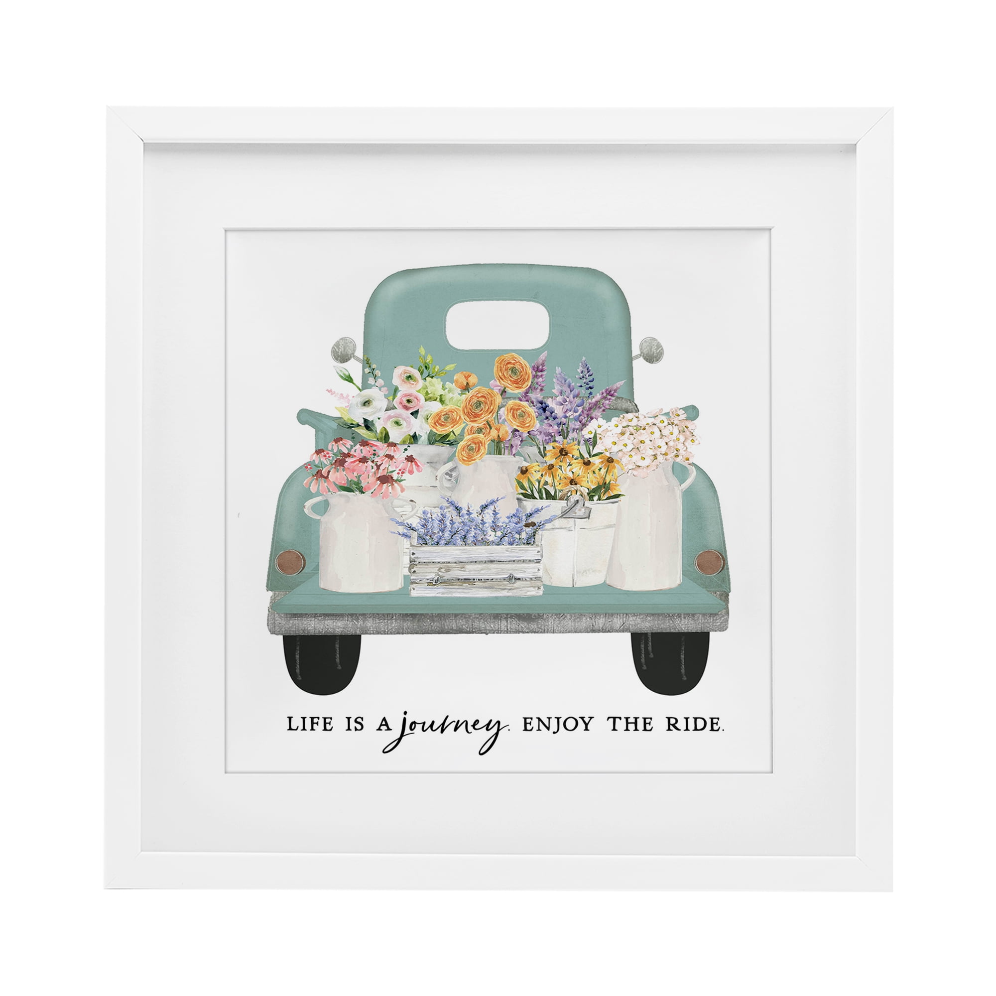 Enjoy Ride Floral Truck White Framed Print Under Glass, design by Lettered and Lined