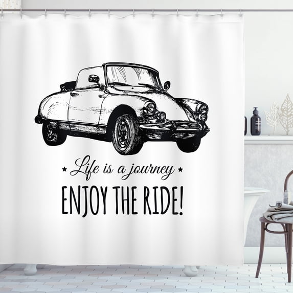 Enjoy the Ride Shower Curtain, Monochrome Typographic Design with a Hand Sketched Retro Style Car, Fabric Bathroom Set with Hooks, 69W X 75L Inches Long, Black and White, by Ambesonne