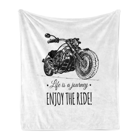 Enjoy the Ride Soft Flannel Fleece Throw Blanket, Detailed Hand-drawn Motorcycle and an Inspirational Words Art Print, Cozy Plush for Indoor and Outdoor Use, 50" x 60", Black and White, by Ambesonne
