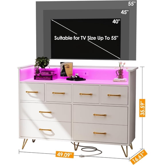 Enjoy Savings Stylish White Dresser with 8 Drawers, LED Lighting & Built-In Charging Station - Modern Storage for Bedroom, Entryway, and Living Room – Perfect for Organizing Essentials