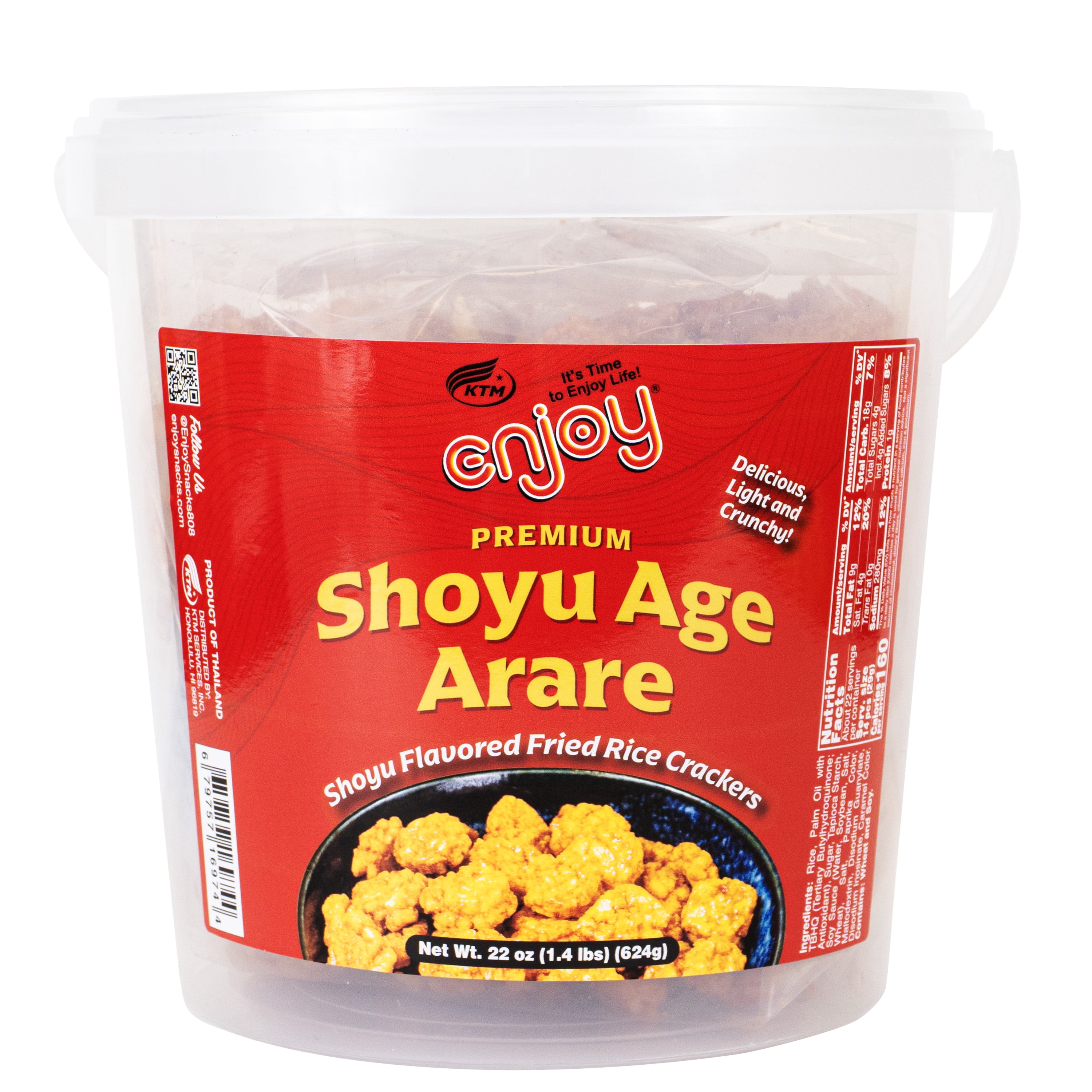 Enjoy Shoyu Age Arare Tub (22 oz), Rice Cracker, Resealable Bucket