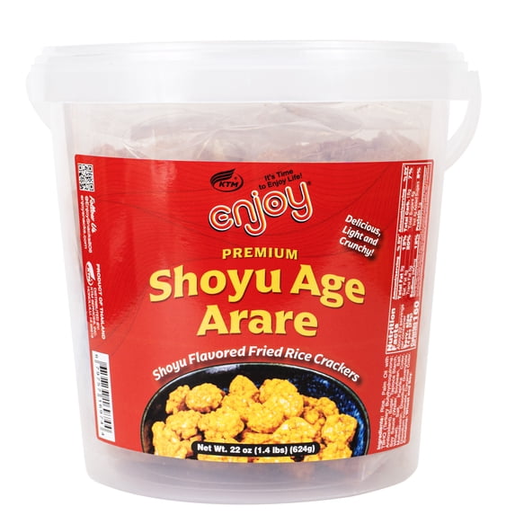 Enjoy Shoyu Age Arare Tub (22 oz), Rice Cracker, Resealable Bucket, Contains Wheat and Soy