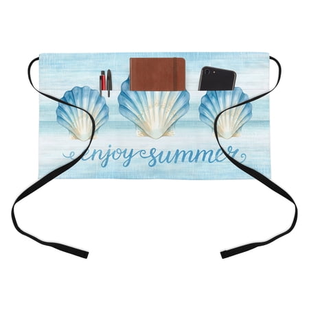 Enjoy Summer Half Waist Apron Watercolor Blue Ombre Sea Shell Teal Background Short Waiter Aprons with 3 Pockets for Women Men Kitchen Restaurant Cooking