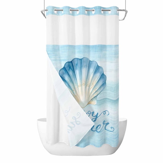 Enjoy Summer No Hook Shower Curtain with Snap in Liner Watercolor Blue Ombre Sea Shell Teal Background Waterproof Bathroom Shower Curtain with See Through Top Window for Bathtub 54" x 78"
