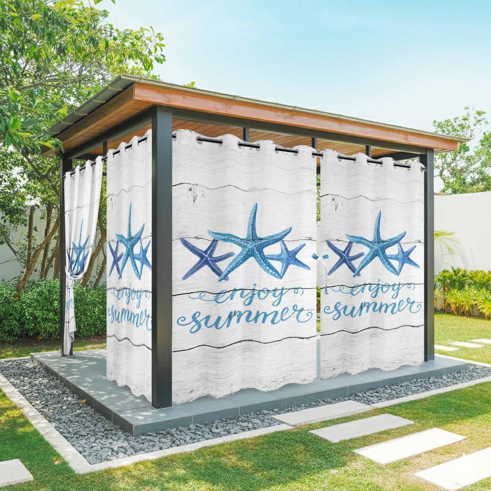 Enjoy Summer Outdoor Curtains 2 Panels Coastal Watercolor Blue Sea Starfish Wood Grain Waterproof Weatherproof Privacy Curtain Thermal Outside Drape for Porch Pergola Patio 54 x 95 Inch
