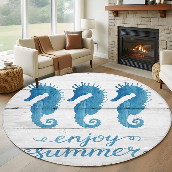 Enjoy Summer Round Living Room Rugs 8 ft, Coastal Watercolor Blue Seahorses Wood Grain Washable Large Area Rug with Non-Slip Sturdy Edge Binding Round Carpet for Dining Room Kitchen Office
