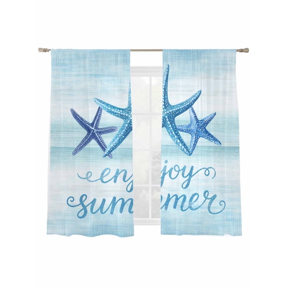Enjoy Summer Sheer Curtains 72 Inch Long 2 Panels, Coastal Watercolor Blue Sea Starfish Teal White Light Filtering Rod Pocket Curtains, Sheer Voile Drapes for Living Room Bedroom, 52"x72"