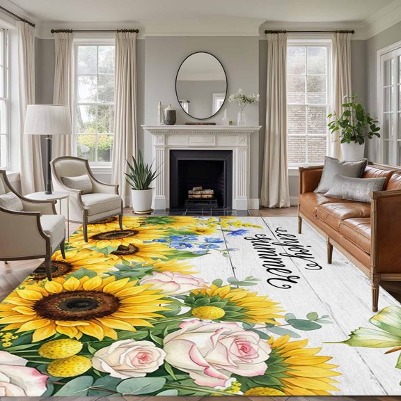 Enjoy Summer Sunflower Rose 8'x10' Large Area Rug for Living Room Sectional Sofa, Country Farm Flower Butterfly Wood Grain Non Slip Low Pile Rectangle Area Rug, Machine Washable Indoor Outdoor Mat