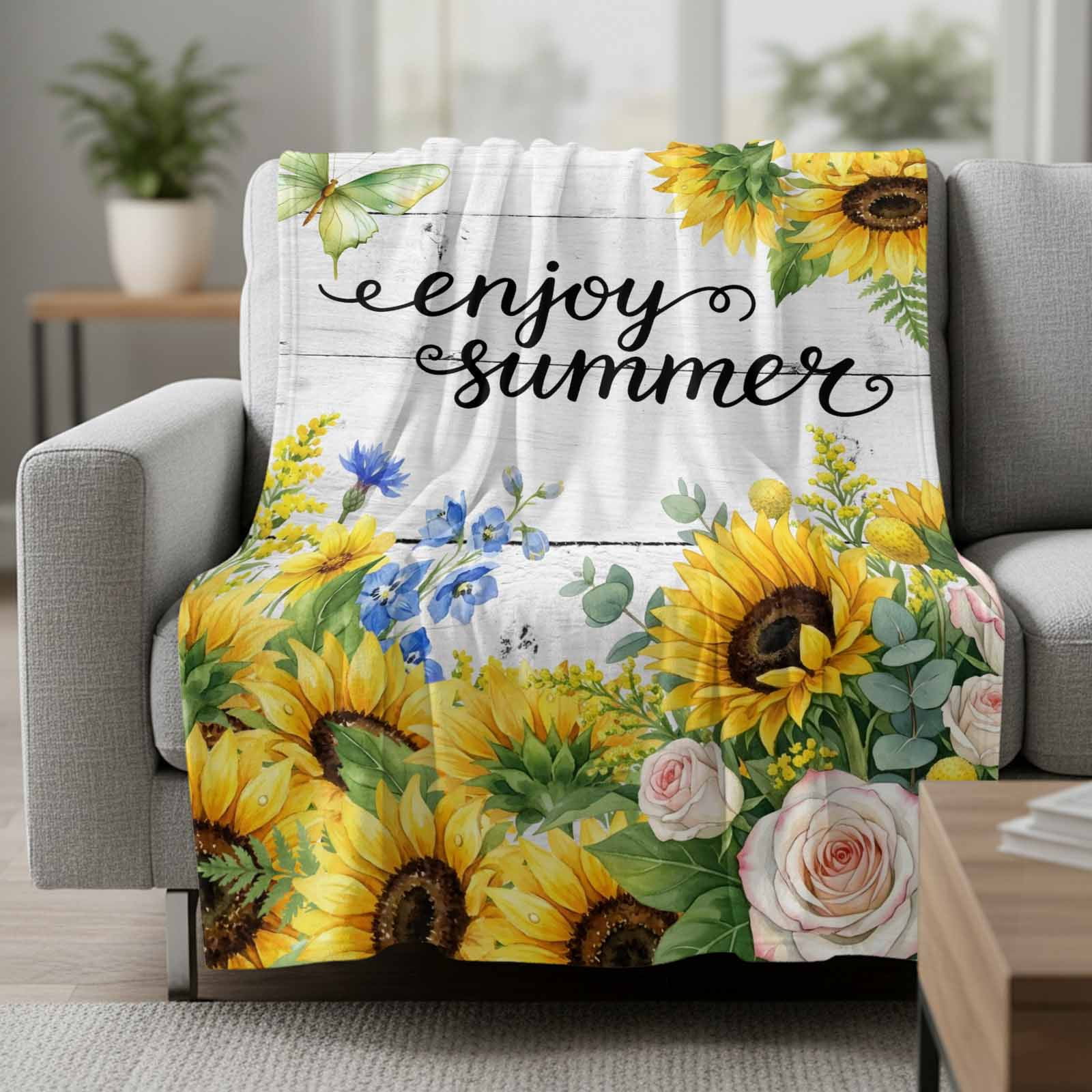 Enjoy Summer Sunflower Rose Fleece Throw Blanket Country Farm Flower ...