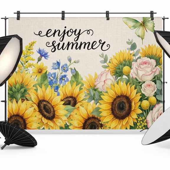 Enjoy Summer Sunflower Rose Photography Backdrop 7x5FT, Country Farm Flower Butterfly Linen Photo Backdrops, Background for Photography Studio Photo Studio Background, Back Drop for Photoshoot