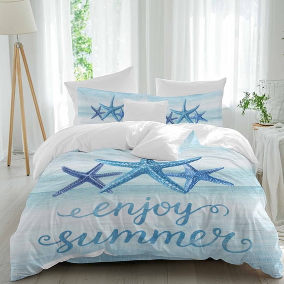Enjoy Summer Twin Size Comforter Set, Coastal Watercolor Blue Sea Starfish Teal White Bedding for All Seasons, 4 Pcs Bed Set, 1 Quiltcover (68"x86") ,1Sheet(67"x116"), 2Pillowcases (30"x20")