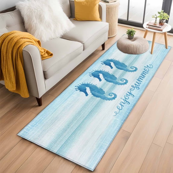 Enjoy Summer Washable Runner Rugs 2'x6', Coastal Watercolor Blue Seahorses Teal White Low Pile Throw Entryway Rug Non-Slip Sturdy Edge Binding Carpet for Indoor Bedside Entrance Bedside