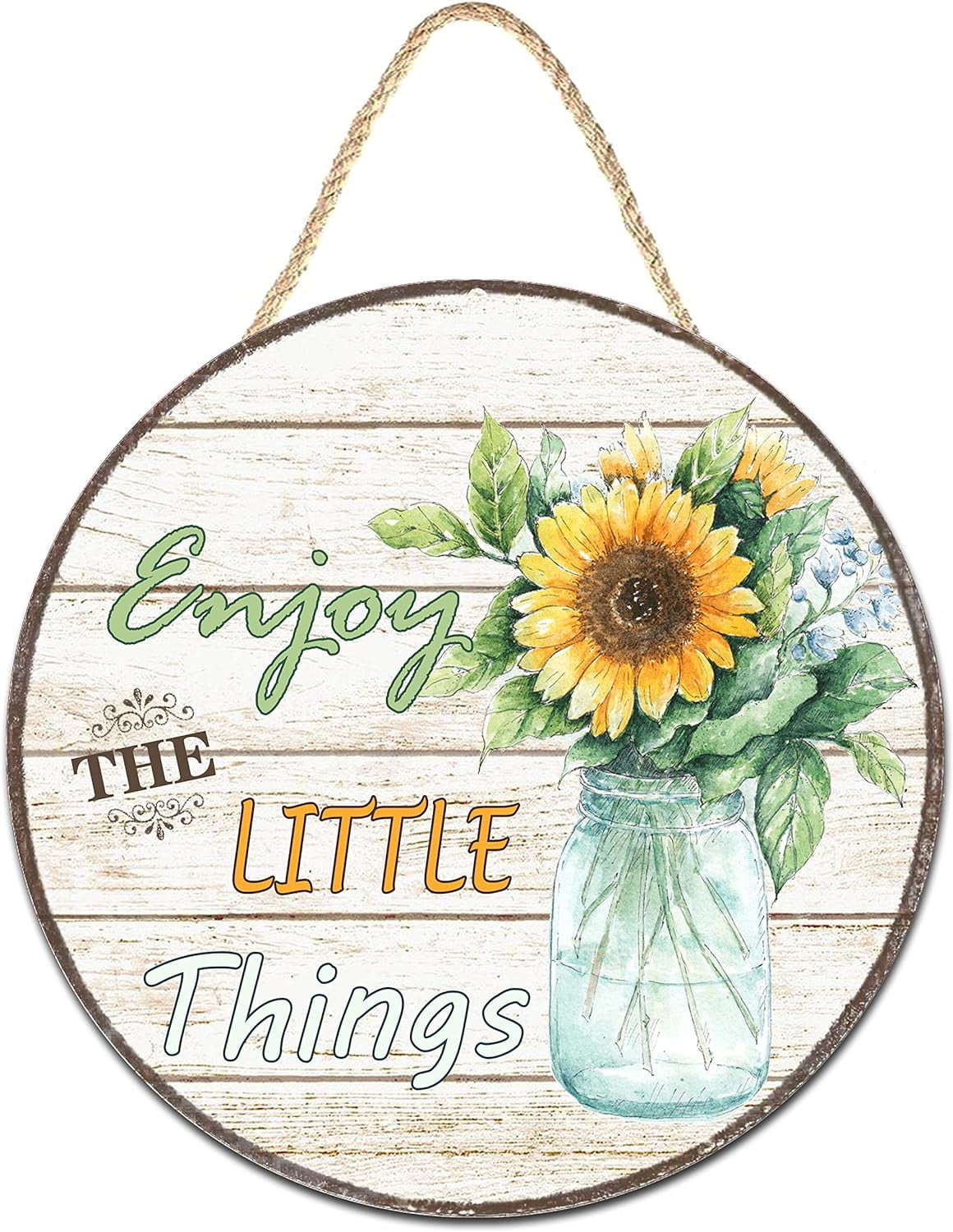 Enjoy The Little Things Round Wood Decor Sign Floral Rustic Farmhouse ...