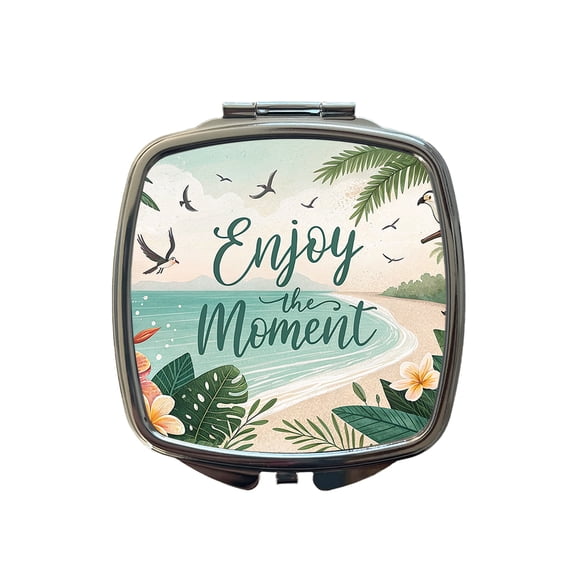 Enjoy The Moment Tropical Beach Inspirational Travel Makeup Handbag Purse Small Pocket Compact Mirror