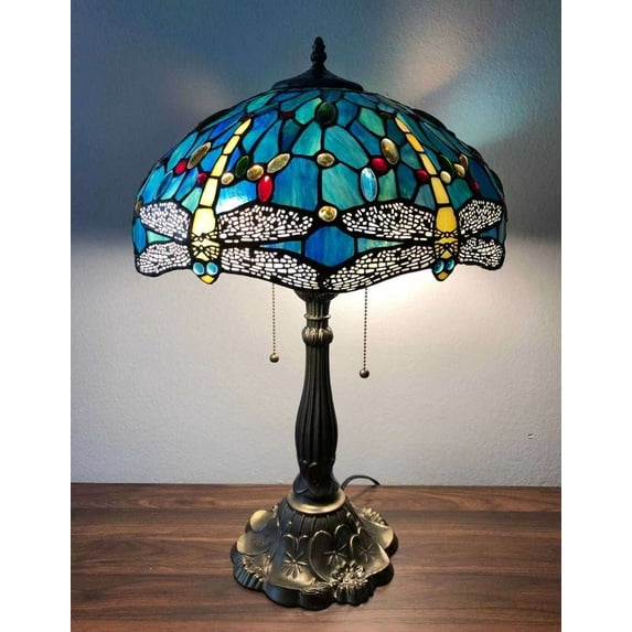 Enjoy Tiffany-Style Table Lamp Dragonfly Green Blue Stained Glass Vintage For Living Room Bedroom Bedside 24"H*16"W