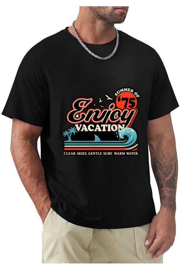 Enjoy Vacation 1975 Retro Summer Beach Travel Holiday Graphic Unisex T-Shirt, for men & women, up to size 5XL.