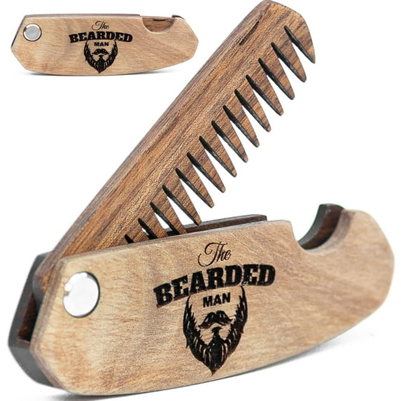 Enjoy The Wood Beard Comb for Men, Folding Pocket Beard Accessories for Men, Engraved Walnut Wooden Comb for Moustache, Beard & Hair - Perfect Gift for Him (Bearded)