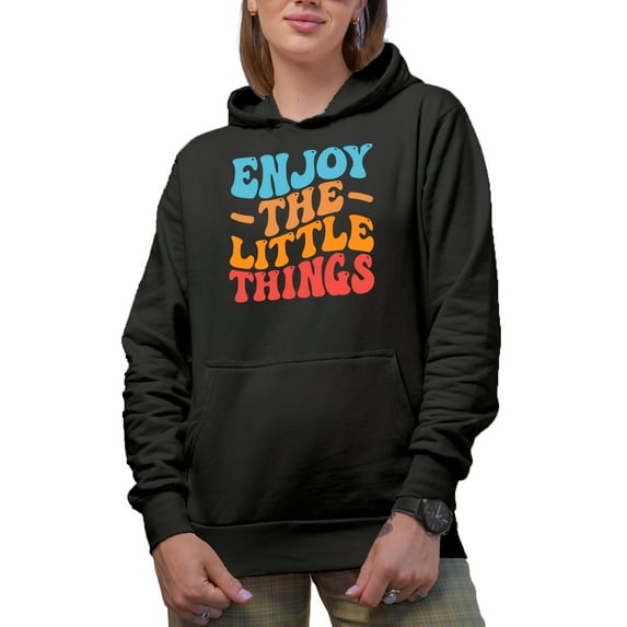 Enjoy the Little Things, Appreciation Quote or Saying, Groovy Retro Wavy Text Merch Gift, Black Hooded Sweatshirt or Hoodie, 3XL