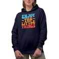 thumbnail image 1 of Enjoy the Little Things, Appreciation Quote or Saying, Groovy Retro Wavy Text Merch Gift, Navy Blue Hooded Sweatshirt or Hoodie, 2XL, 1 of 5