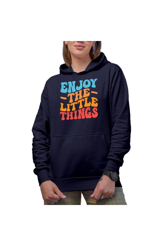 Enjoy the Little Things, Appreciation Quote or Saying, Groovy Retro Wavy Text Merch Gift, Navy Blue Hooded Sweatshirt or Hoodie, 3XL