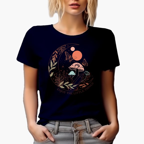 Enjoy the Little Things, Boho Moon, Butterfly & Mushroom Art, Navy Blue T-Shirt, XL