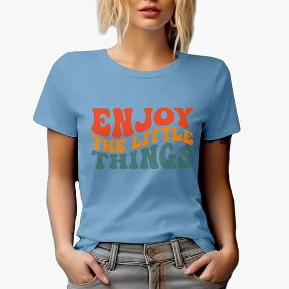Enjoy the Little Things Quote, Groovy Retro Wavy Text Merch Gift, Baby Blue T-Shirt, Large