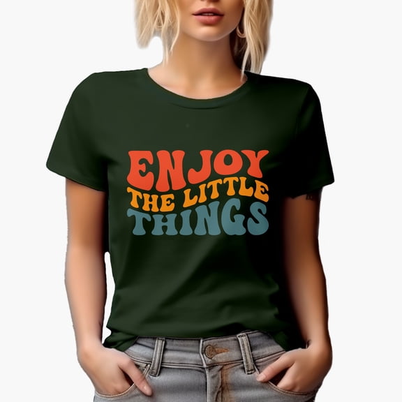Enjoy the Little Things Quote or Saying, Groovy Retro Wavy Text Merch Gift, Military Green T-Shirt, Small