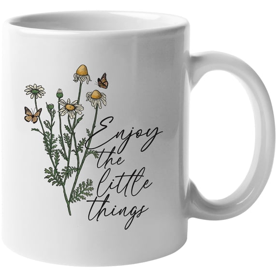Enjoy the Little Things Quote with Daisies & Butterflies Design Merch Gift, White 11oz Ceramic Mug