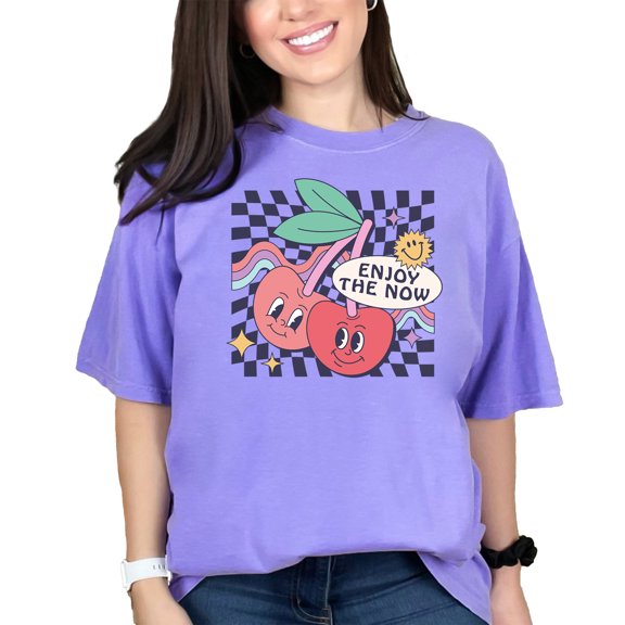 Enjoy the Now Quote, Retro Cherry Art, Violet Comfort Colors T-Shirt, 2XL