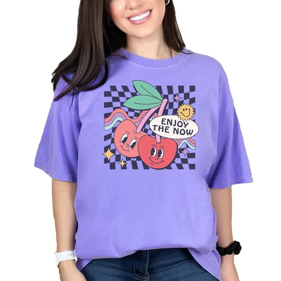 Enjoy the Now Quote, Retro Cherry Art, Violet Comfort Colors T-Shirt, 3XL