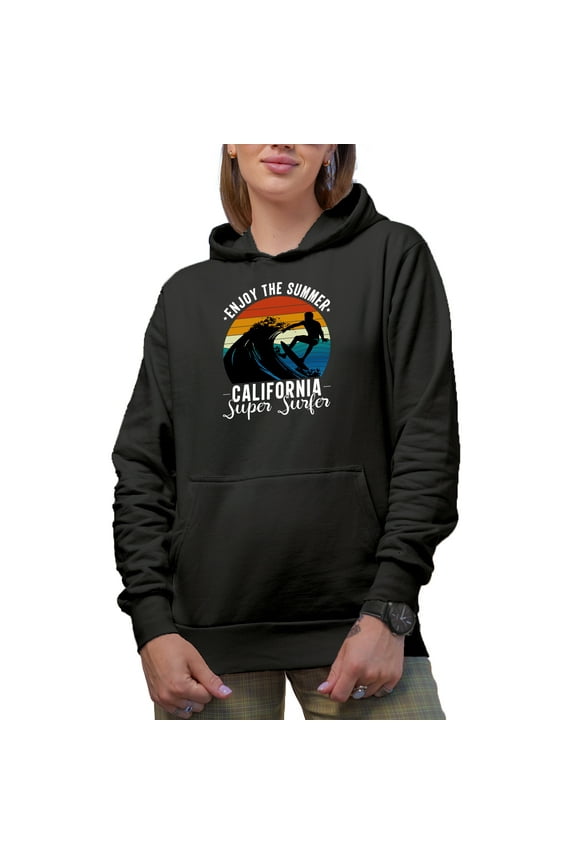 Enjoy the Summer, California Super Surfer - Surfing Enthusiast, Black Hooded Sweatshirt or Hoodie, 3XL