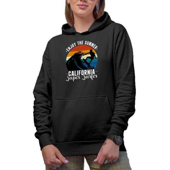 Enjoy the Summer, California Super Surfer - Surfing Enthusiast, Black Hooded Sweatshirt or Hoodie, Medium