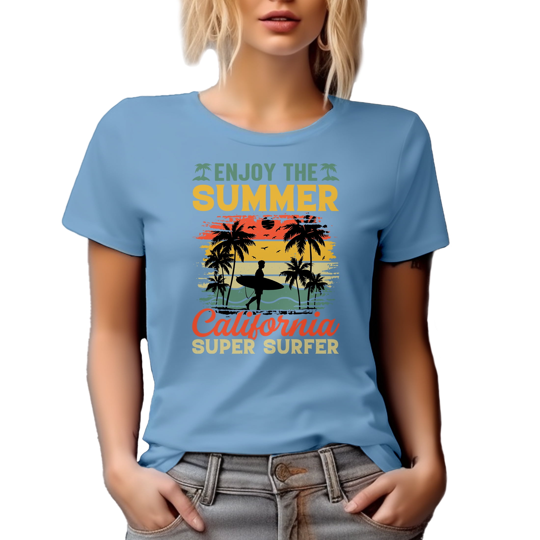 Enjoy the Summer, California Super Surfer, Surfing Lover or Enthusiast, Baby Blue T-Shirt, Large