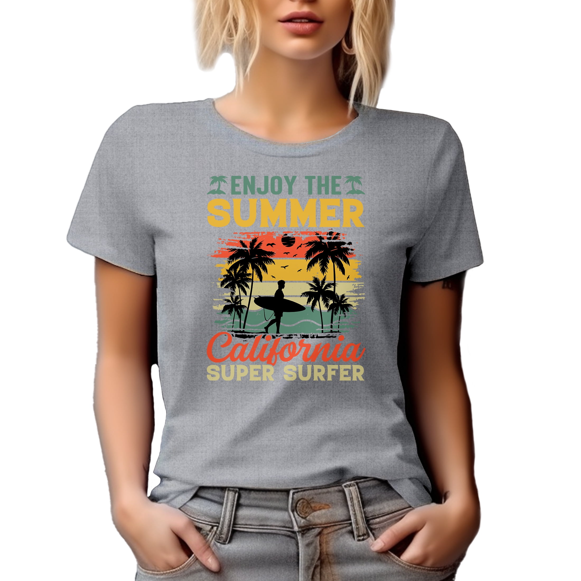 Enjoy the Summer, California Super Surfer, Surfing Lover or Enthusiast, Heather Grey T-Shirt, Medium