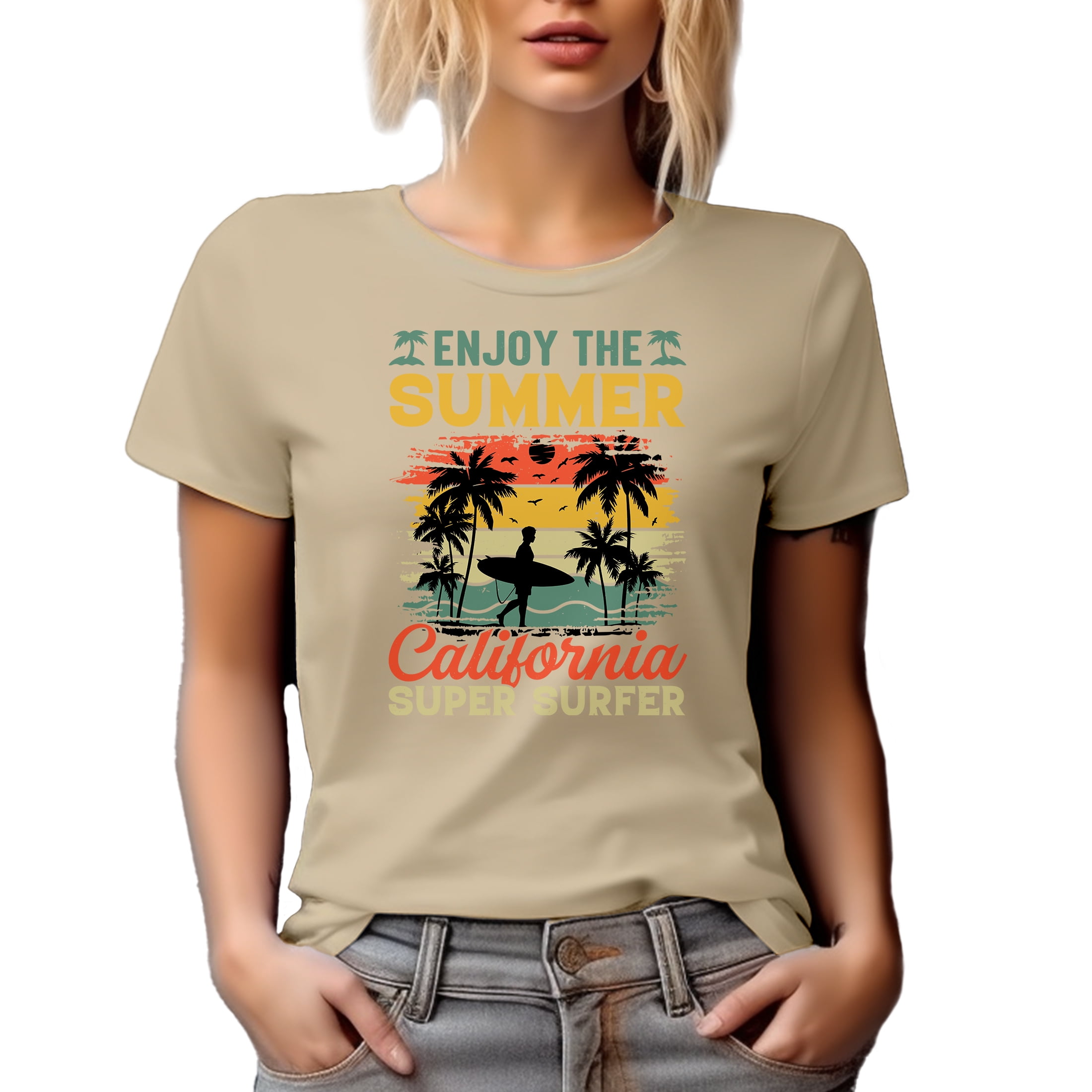 Enjoy the Summer, California Super Surfer, Surfing Lover or Enthusiast, Tan T-Shirt, XL