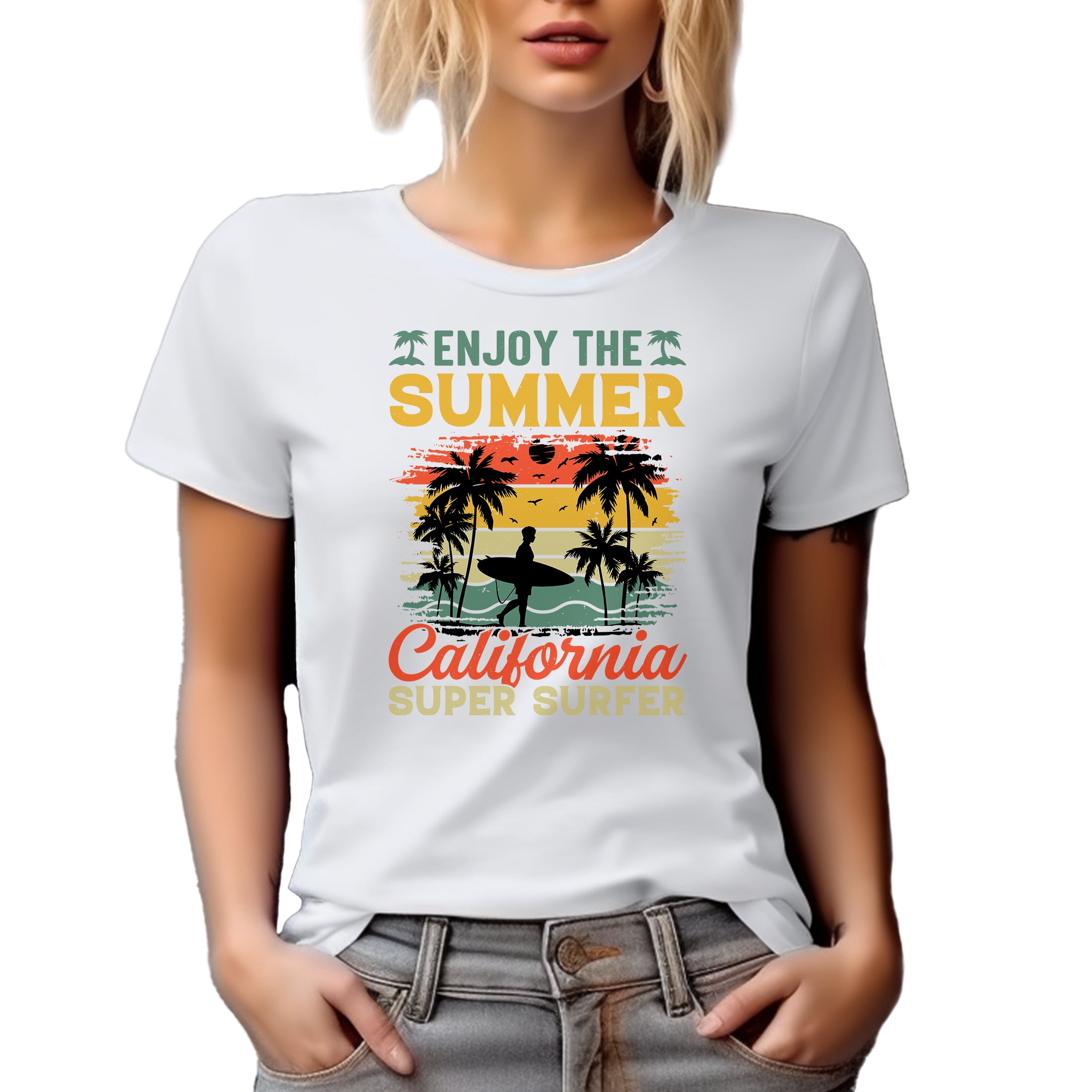 Enjoy the Summer, California Super Surfer, Surfing Lover or Enthusiast, White T-Shirt, Large