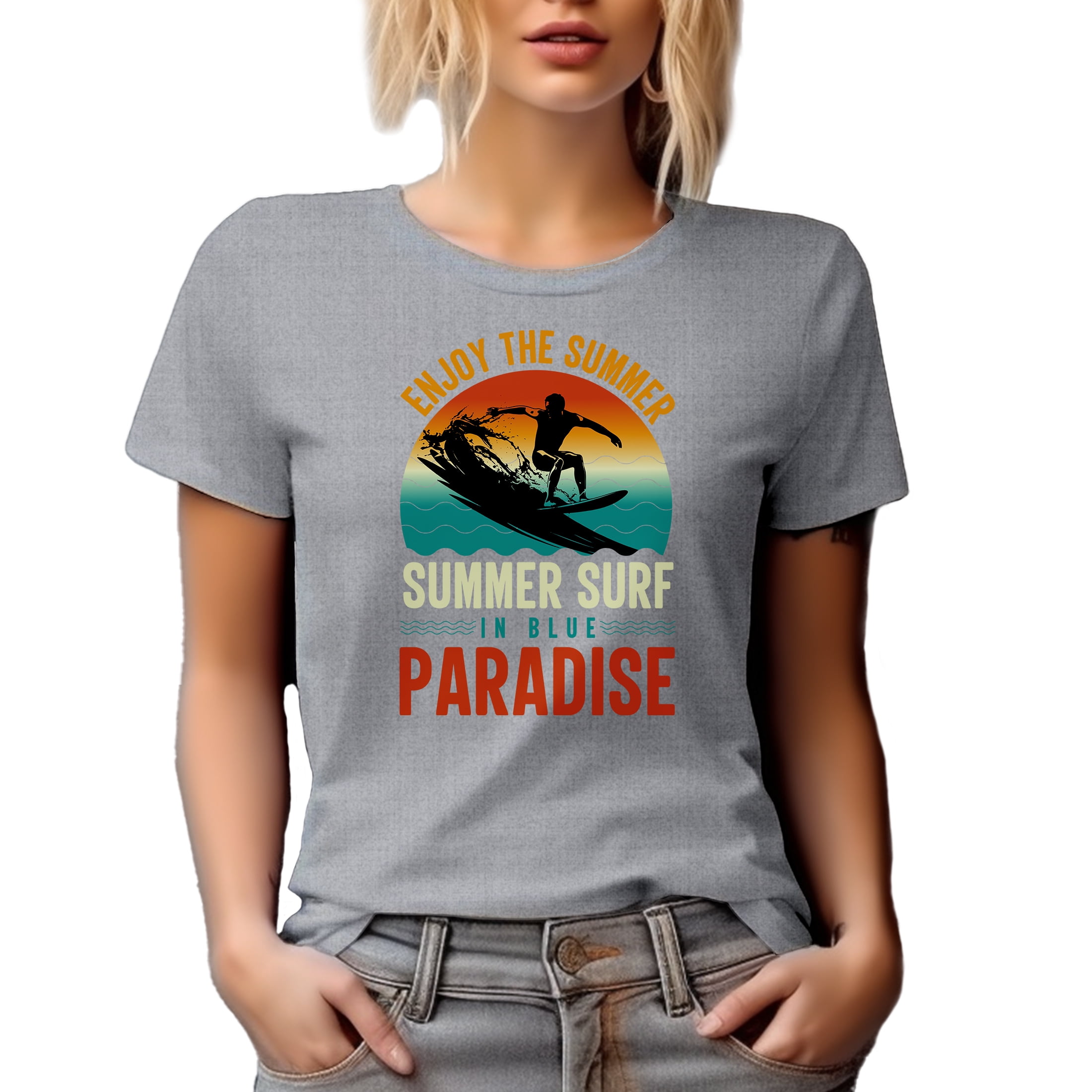 Enjoy the Summer, Summer Surf in Blue Paradise, Heather Grey T-Shirt, Medium