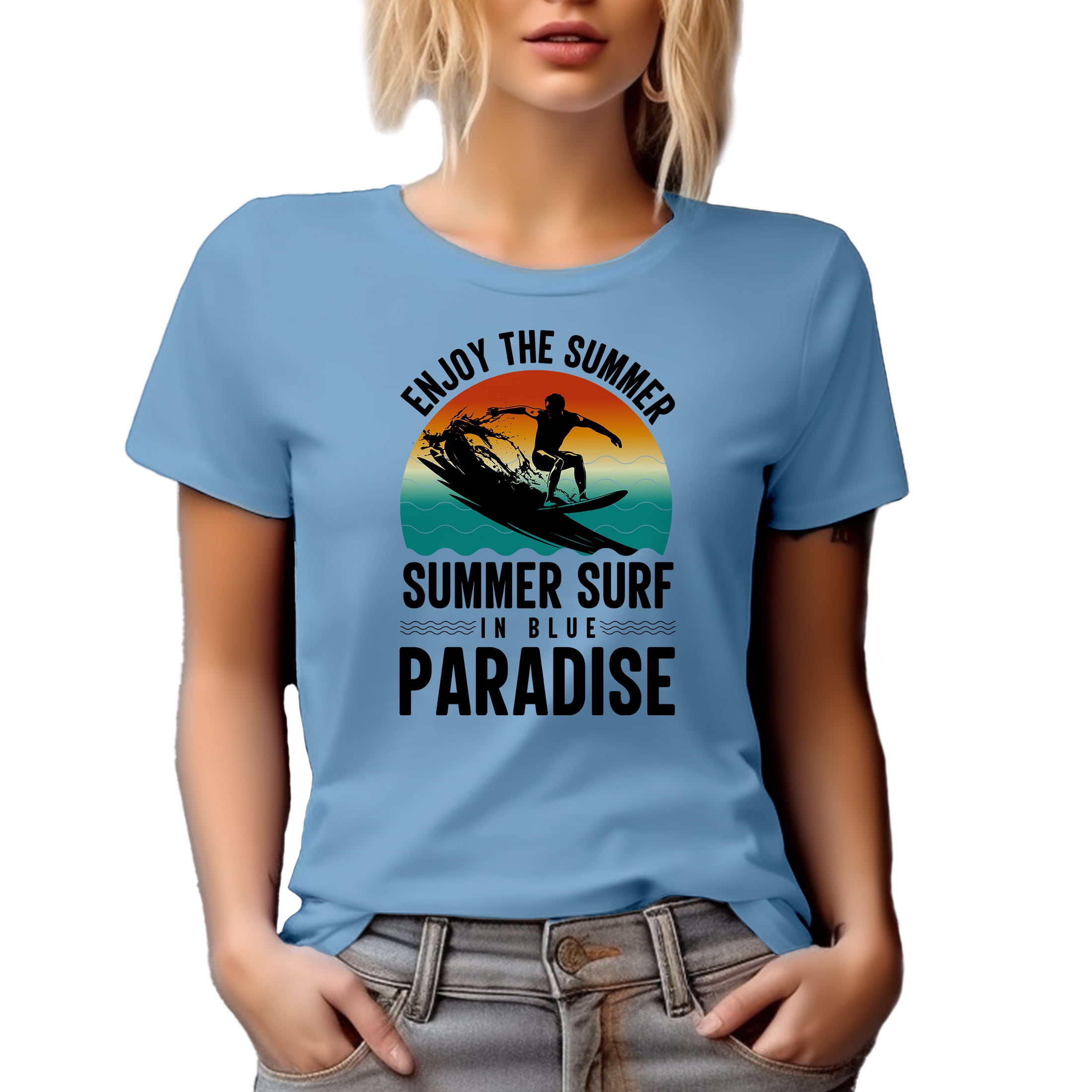 Enjoy the Summer, Summer Surf in Blue Paradise, Surfer or Surfing Enthusiast, Baby Blue T-Shirt, Large