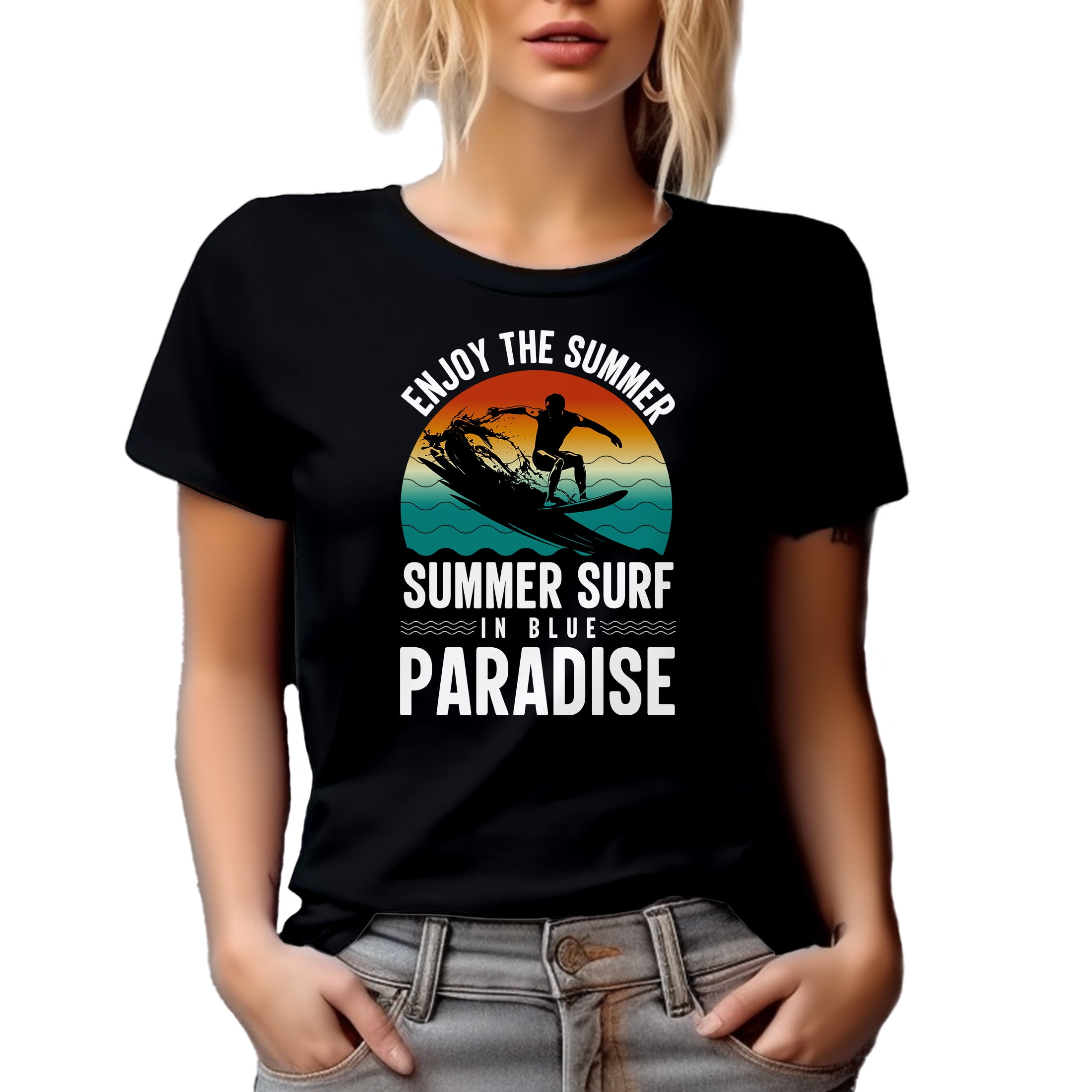 Enjoy the Summer, Summer Surf in Blue Paradise - Surfer or Surfing Enthusiast, Black T-Shirt, Medium