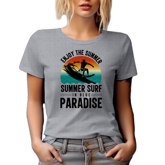 Enjoy the Summer, Summer Surf in Blue Paradise, Surfer or Surfing Enthusiast, Heather Grey T-Shirt, Small