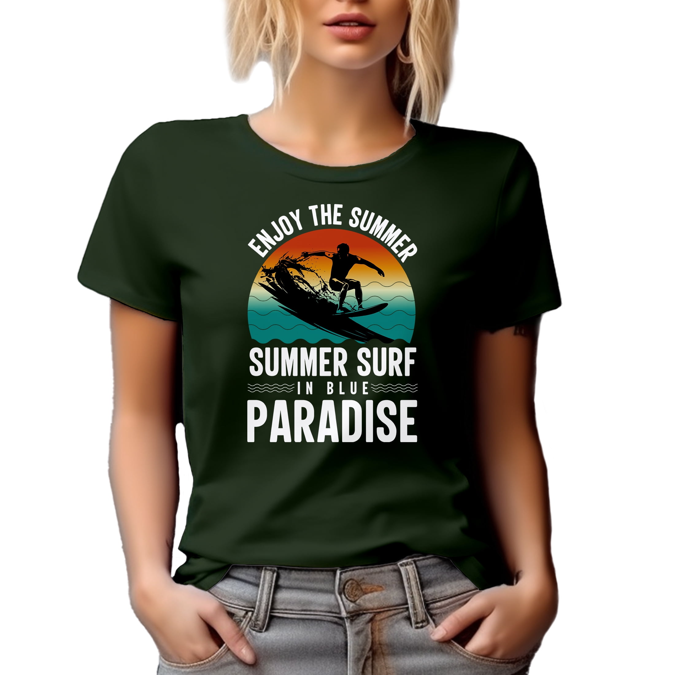 Enjoy the Summer, Summer Surf in Blue Paradise - Surfer or Surfing Enthusiast, Military Green T-Shirt, Large