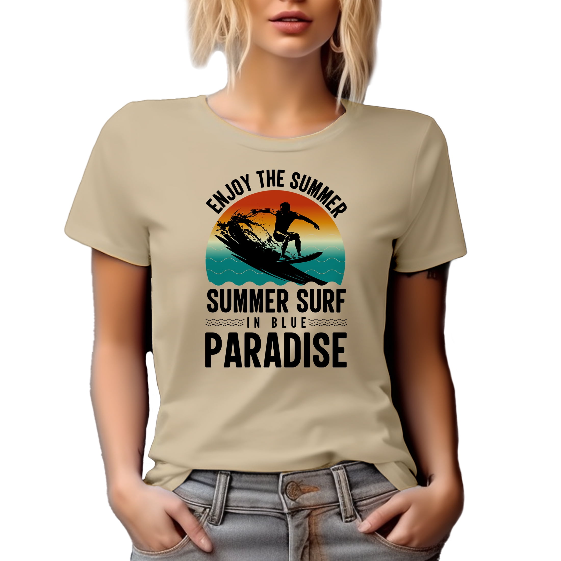 Enjoy the Summer, Summer Surf in Blue Paradise, Surfer or Surfing Enthusiast, Tan T-Shirt, XL
