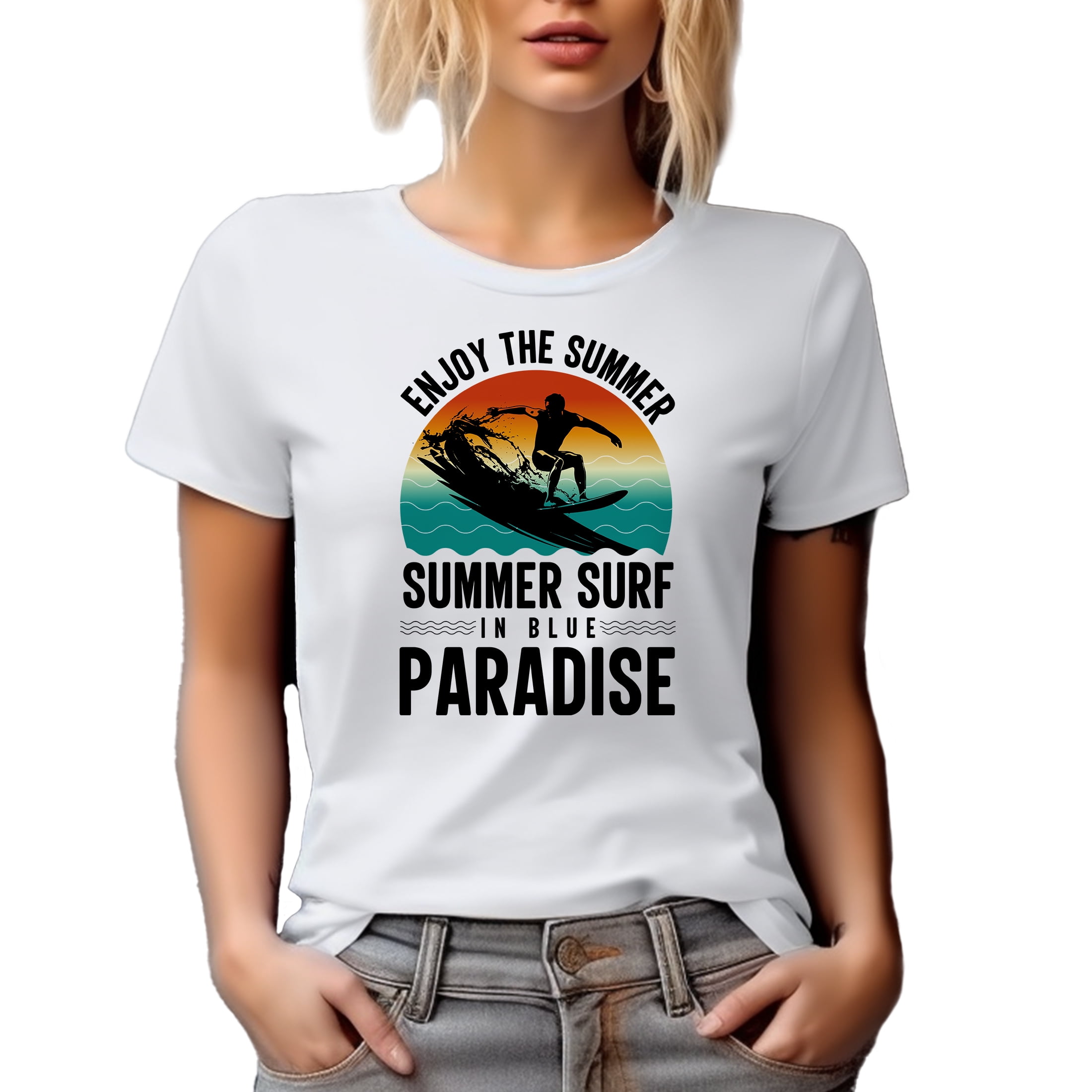 Enjoy the Summer, Summer Surf in Blue Paradise, Surfer or Surfing Enthusiast, White T-Shirt, 3XL