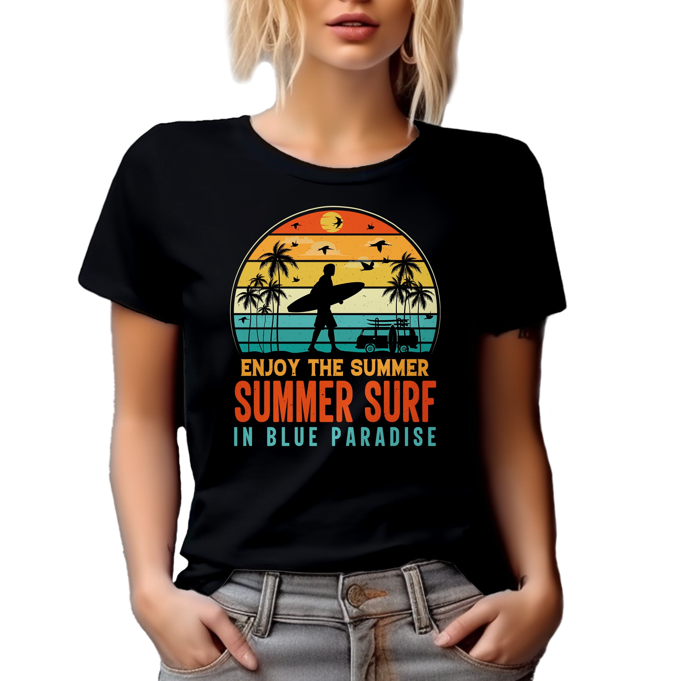 Enjoy the Summer, Summer Surf in Blue Paradise - Surfing Enthusiast or Surfer, Black T-Shirt, 3XL