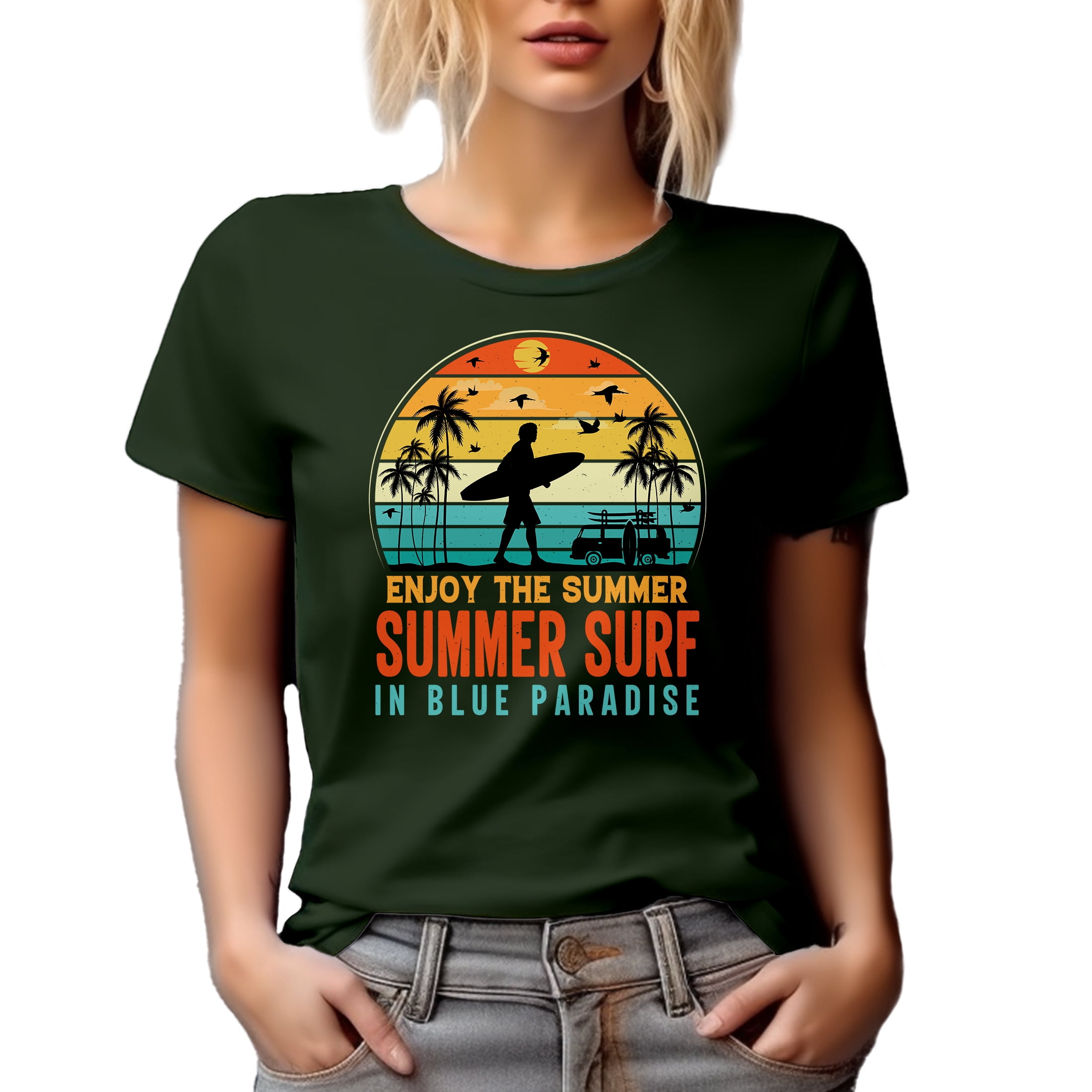 Enjoy the Summer, Summer Surf in Blue Paradise - Surfing Enthusiast or Surfer, Military Green T-Shirt, 3XL