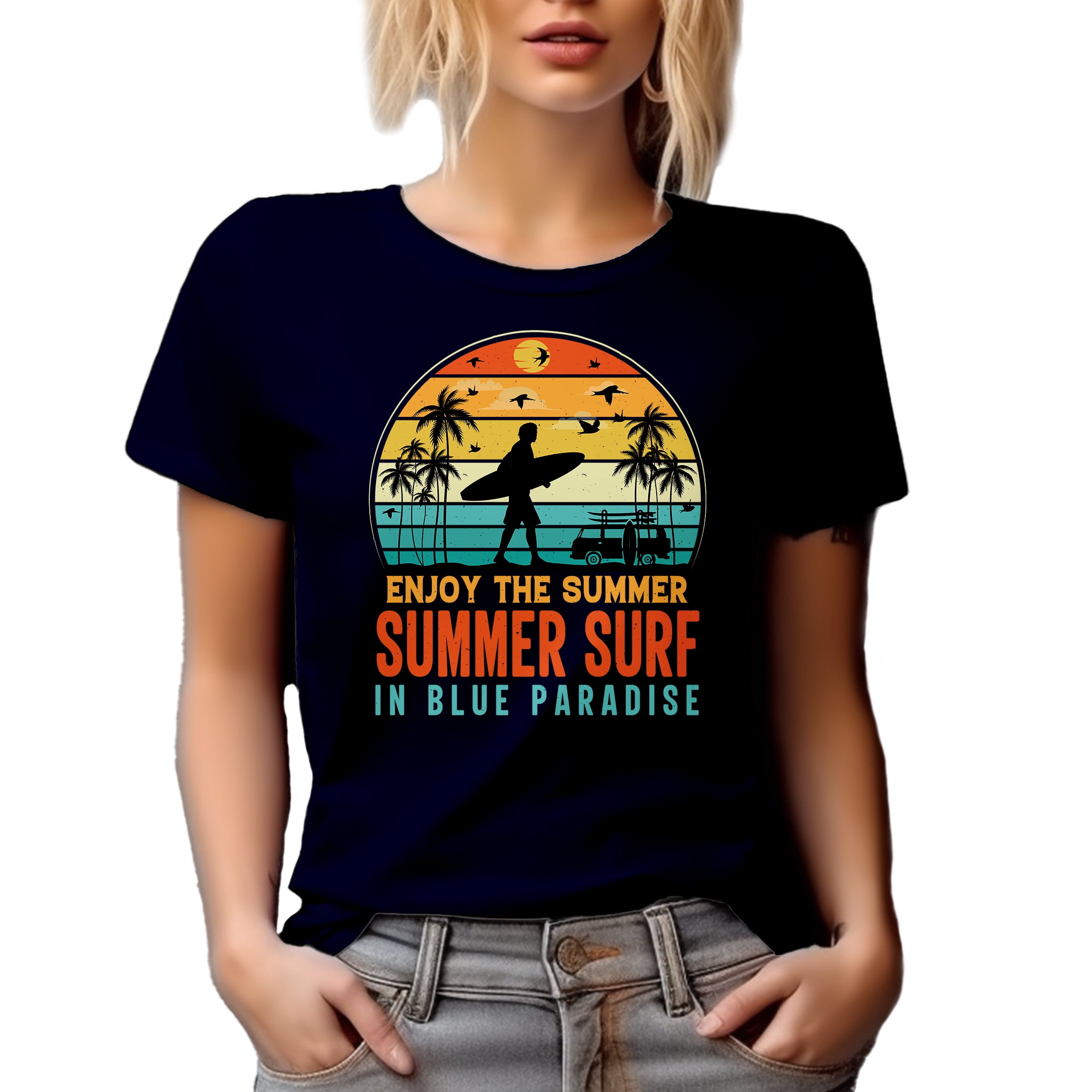 Enjoy the Summer, Summer Surf in Blue Paradise - Surfing Enthusiast or Surfer, Navy Blue T-Shirt, XL